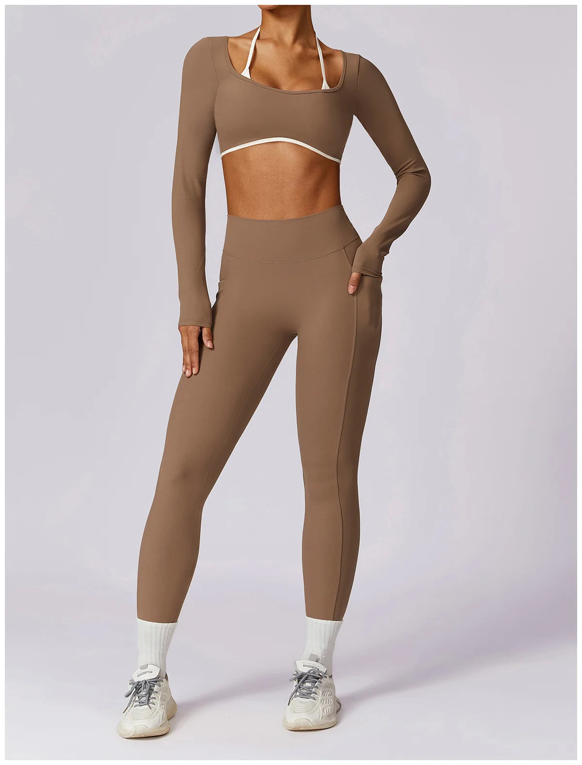 Sexy Yoga Women's 2 Pieces Gym Sports Suit Workout Clothing Long Sleeve Gym Crop Top High Waist Leggings Fitness Bra Sportswear