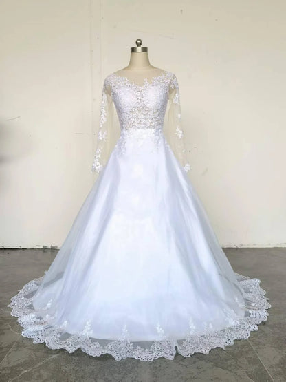 Lace 2 In 1 Mermaid Wedding Dresses Long Sleeves Scoop Neck Detachable Train Puffy Tulle Appliques Bridal Gowns Customized