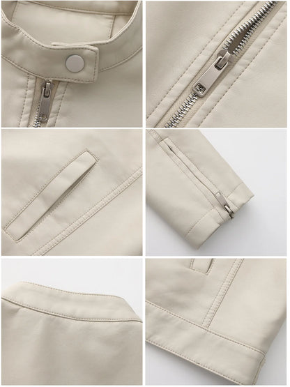 Black Women's Fitted Leather Jacket with Front Zipper & Side Pockets‌, Available in Brown, Navy Blue, and Beige.