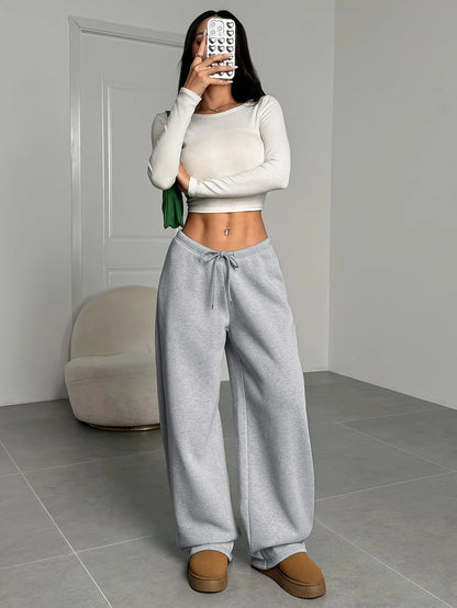 Ladies' Casual Simple Solid Color Loose Wide Leg Autumn and Winter Sweatpants Are Comfortable and Warm, Suitable for Daily Wear