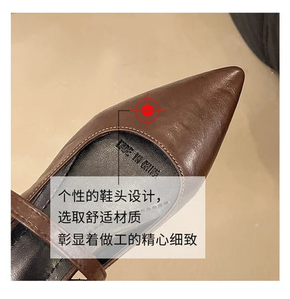 New Women Baotou Patent Leather One Line Buckle Strap Cat Heel Sandals Female Sexy Black Silk Pointed Thin Heel Flat Shoes