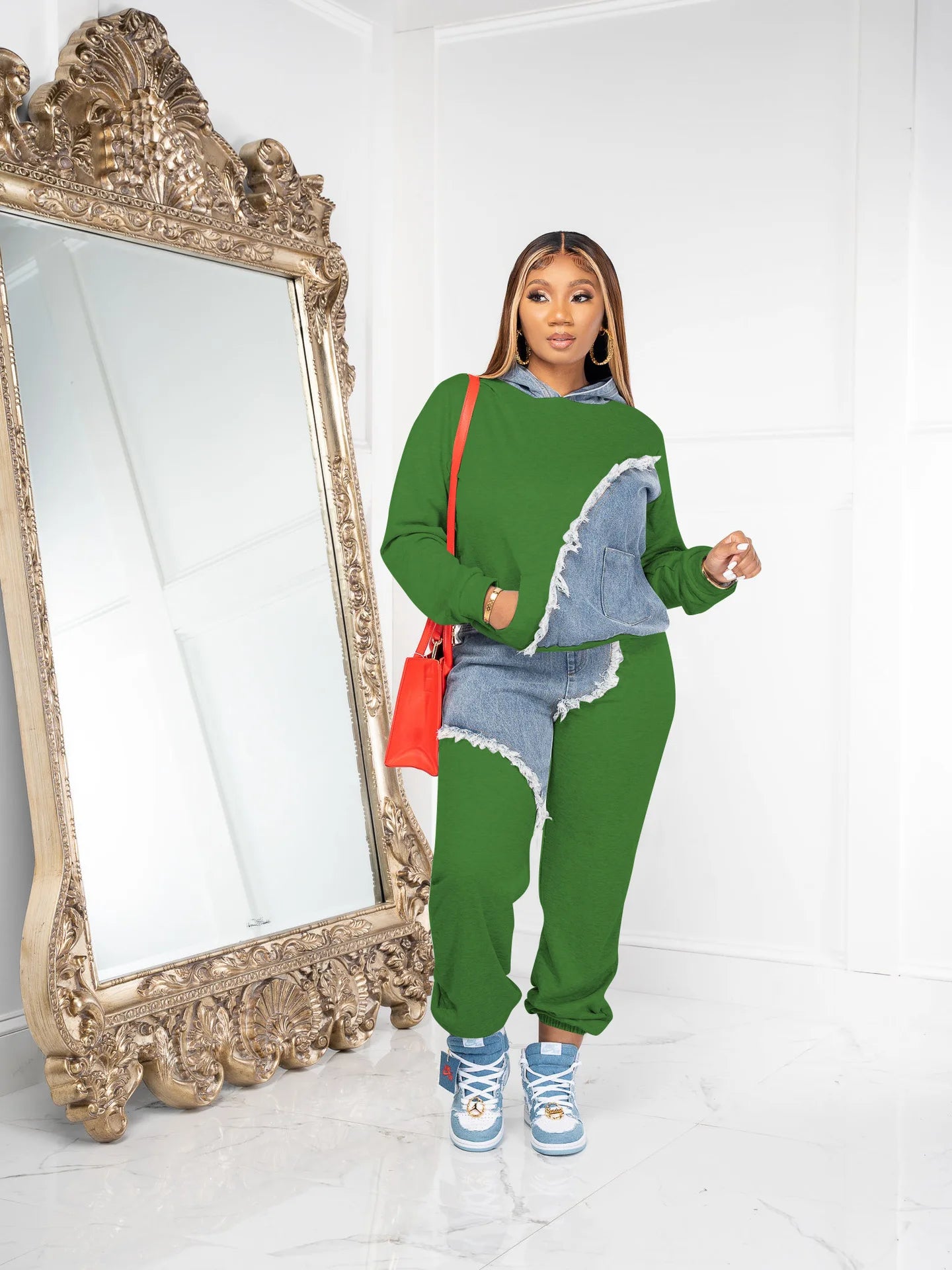 Casual Denim 2 Piece Set Women Sport Two Piece Outfit Hoodies Tops Jogger Pants Suit Women Street Wear Sets