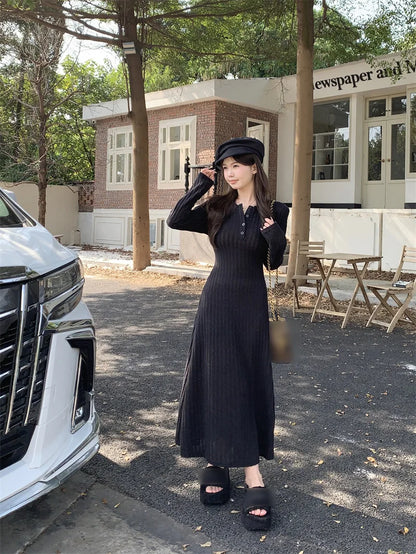 French Style Long Sleeve Knitted Dress Vintage Waist Cinching A- Line Skirt Women Autumn Winter New Arrival Slimming Inner Wear