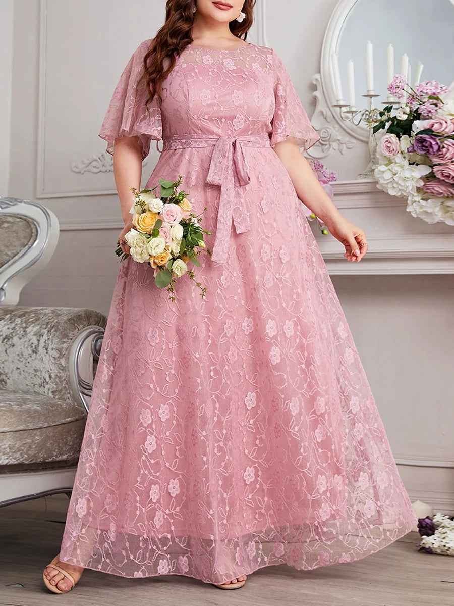 Women's Plus Size Dress Round Neck Short Sleeves Oversized  A-Line Tulle Pink High Waist Floral Lace Formal Evening Dresses