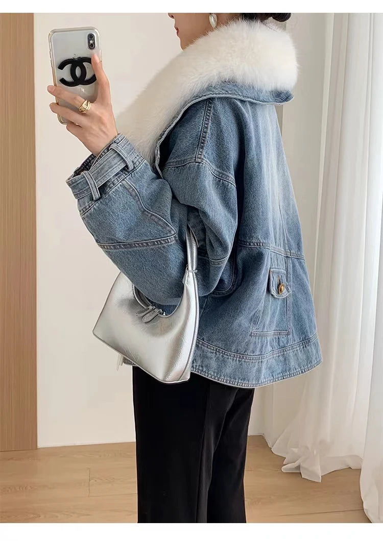 Womens Coats Spring New 100%Natural Real Fox Fur Collar Fashion Short Denim Jacket Luxury Goose Down Puffer Jackets Clothing