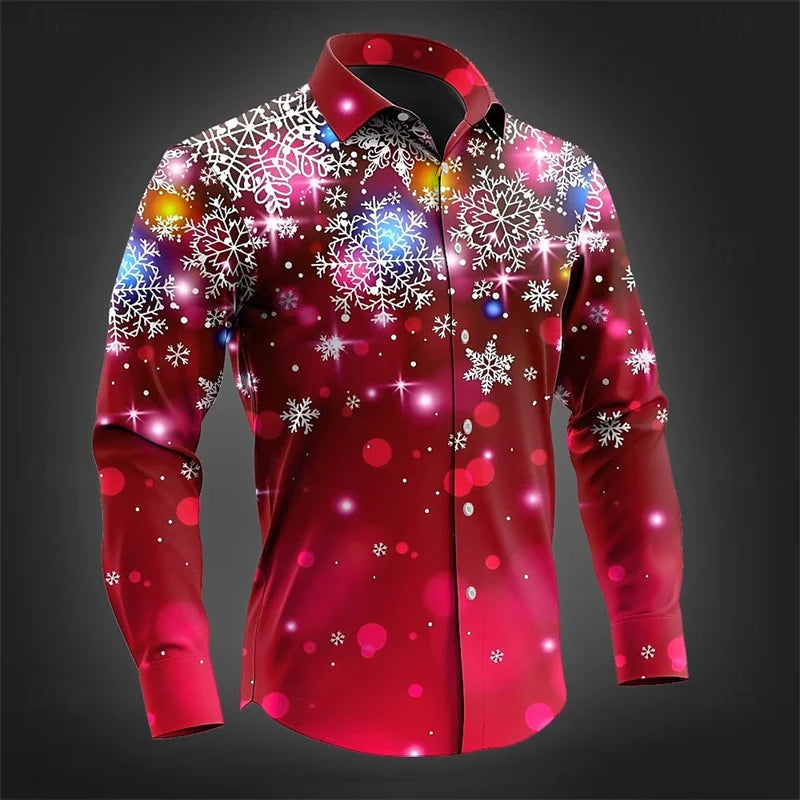 2025 Christmas Men's Christmas Scene Printed Shirt Snowflake Casual Fashion Lapel Button Long Sleeve Party Autumn Shirt XS-6XL