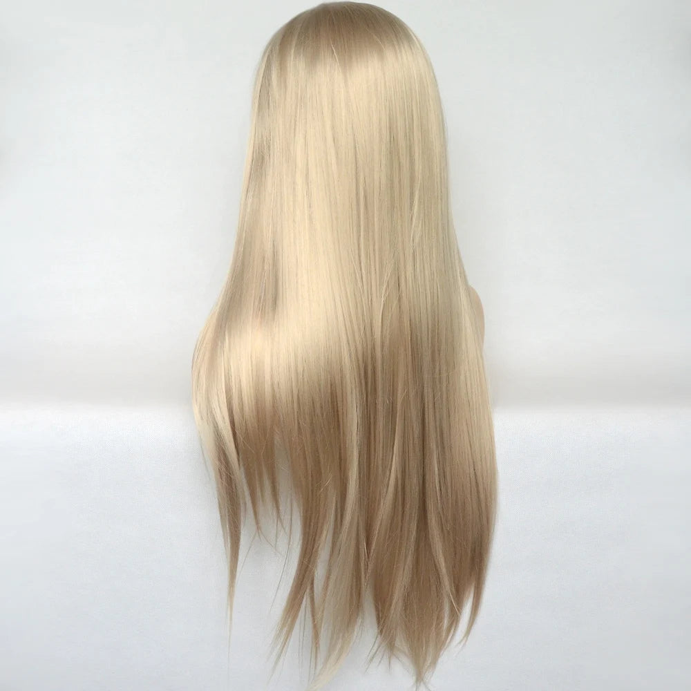 Voguequeen Platinum Blonde Synthetic Lace Front Wigs Silky Straight Heat Resistant Fiber Daily Wear For Women