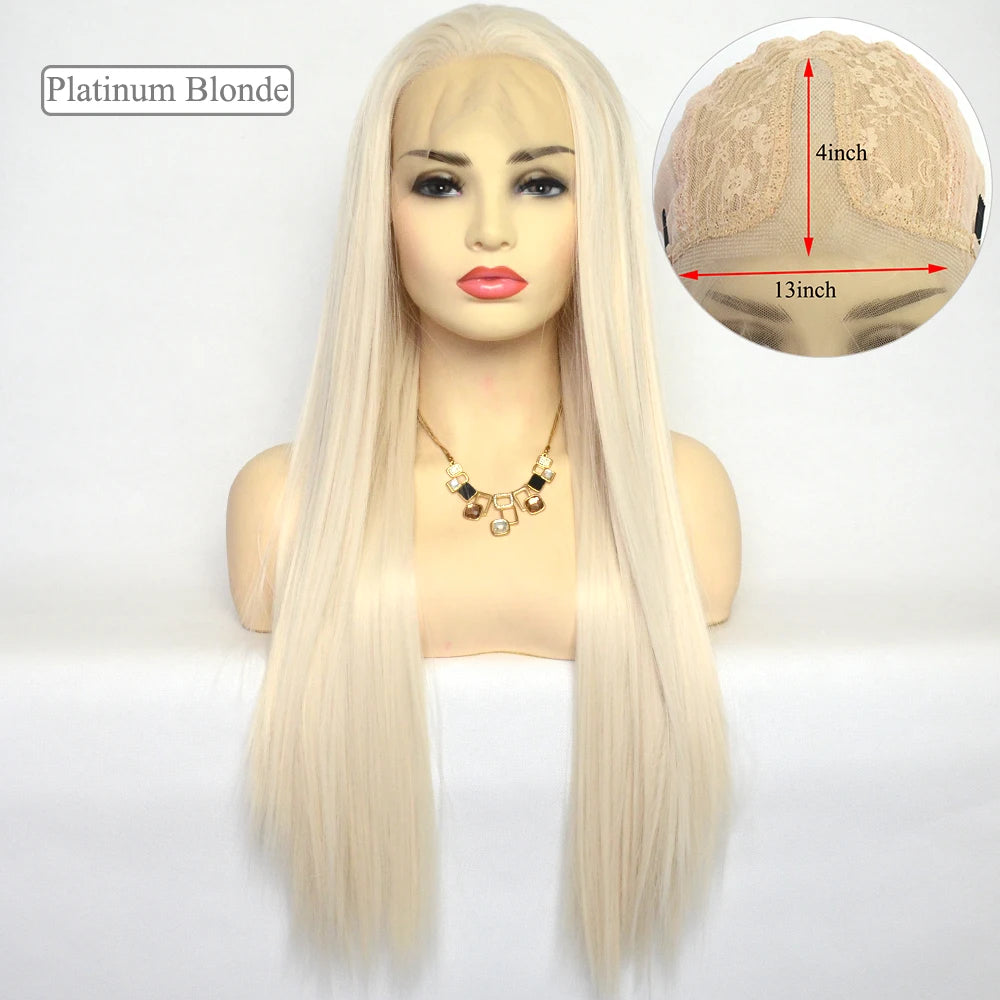 Voguequeen Platinum Blonde Synthetic Lace Front Wigs Silky Straight Heat Resistant Fiber Daily Wear For Women