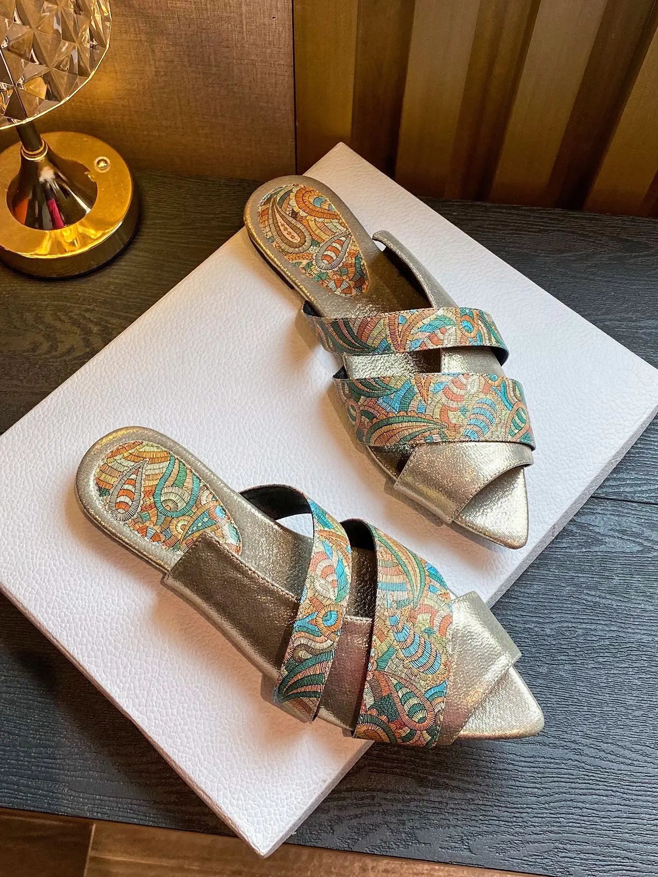Women's sandals flat pointed Peep Toe slippers totem large size shoe snake pattern stone pattern sandals for women Flat slippers