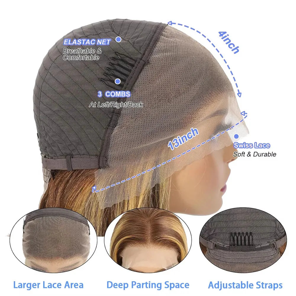 Straight Short Bob Wig P4/27 Highlight 13x4 Transparent Lace Frontal Wig 100% Brazilian Human Hair Wig 180 Density For Women