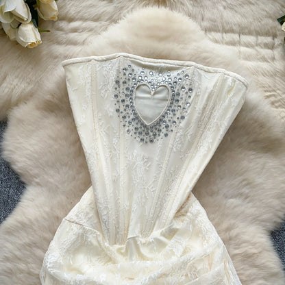 SINGREINY French Strapless Sexy Short Dress 2025 Heart Hollow Out Beading Sundress Backless Corset Lace Beach Mini Dress