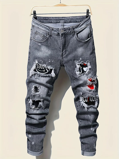 Men's slim fit ripped long denim pants, tight jeans with pockets, side straps, and zippers, men's jogging pants, ripped stretch