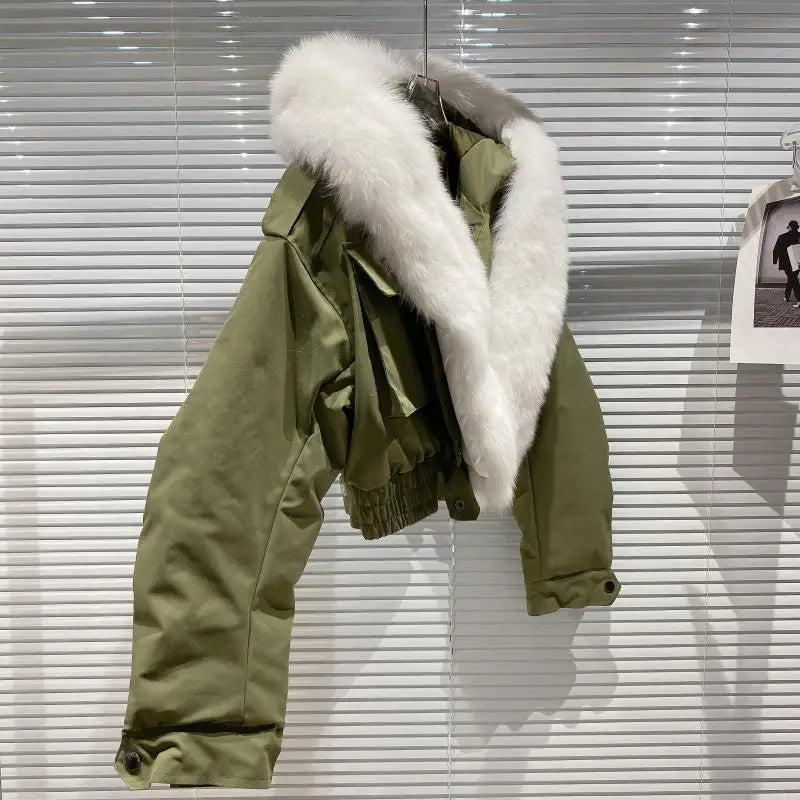Big Fox Fur Collar Removable Rabbit Liner Short Coat Jacket for Women Winter Elastic Hem Hooded Jackets Wram Fashion Outwear