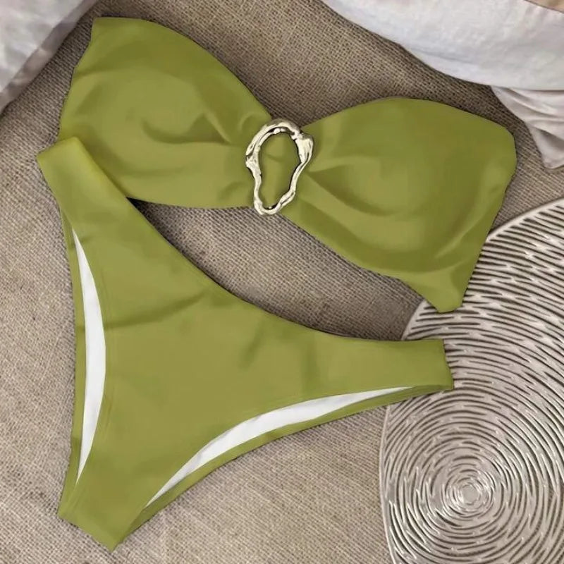 Women Strapless Bikinis Sets Summer Push Up Swimwear Two Pieces Suits Female Sexy Swimsuits Solid Color Lady Backless Beachwear