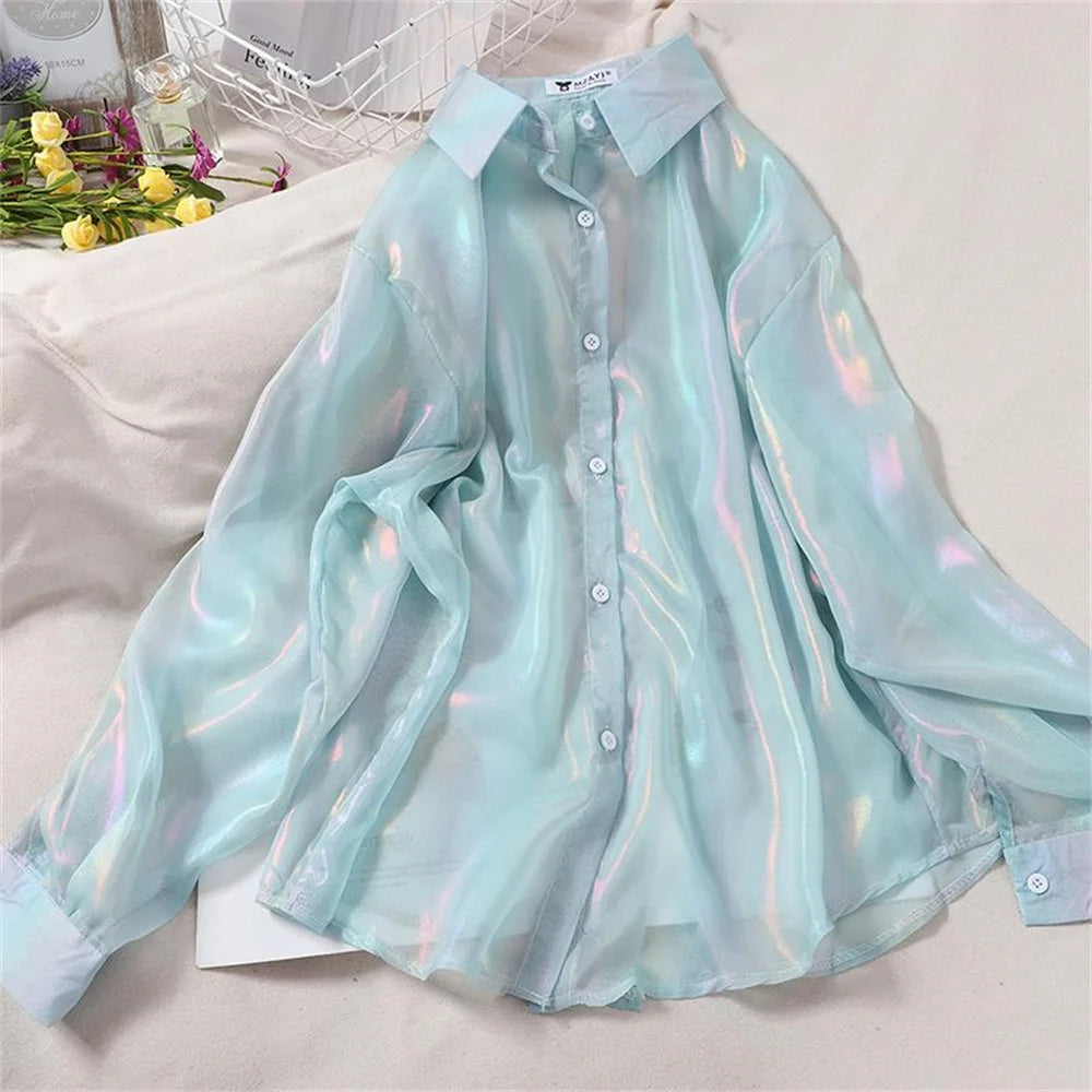 Rainbow Loose Women Tops Shirts Colors Glossy Thin Blouse Fashion Korean Long Sleeve Summer Beach Cute Ladies Tops Summer Casual