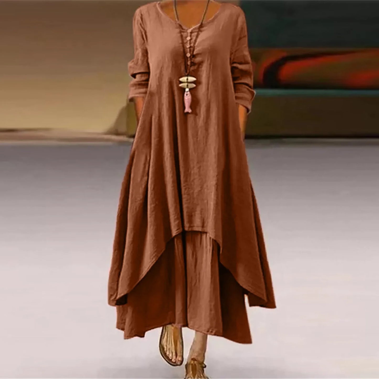Women Elegant Linen Ginger Dresses Bohemia Layering Vintage Robe Long Sleeve Loose Long Dress Female Autumn Vestidos