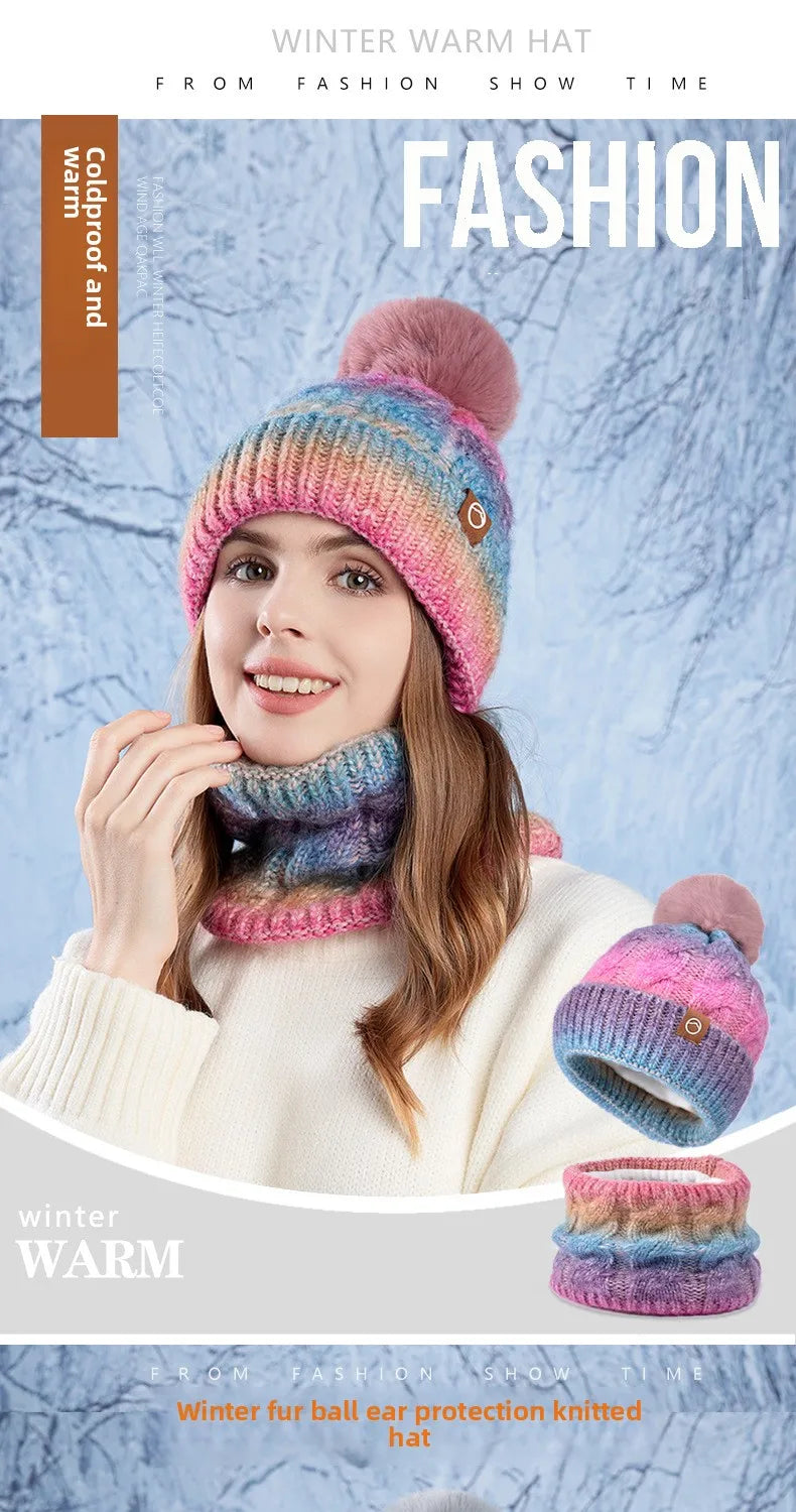 Winter Lady Warm Hat Scarf Two-piece Set Fleece Thickened Gradual Change Color Knitted Skiing Hat Fashion Pullover Hat for Women