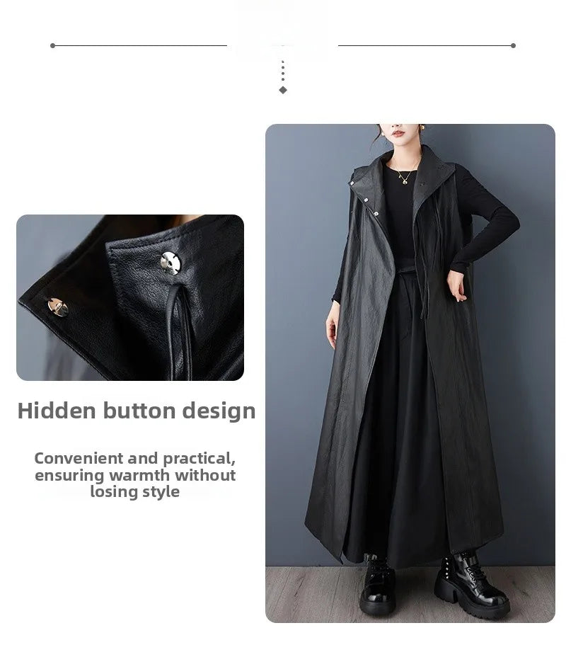 Casual Loose PU Leather Jaet Long Stand Collar Windbreaker Outerwear Faionable Design Sense Asymmetrical High-End Feeling