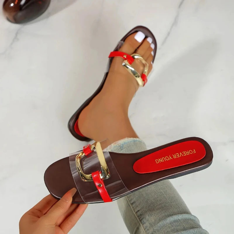 Summer 2025 New Women's Large Fashion Sandals and Slippers Summer New Flat Metal Strap Sandals