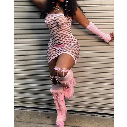 Pink Mini Dress Women Strapless See Through Backless Sleeveless Skinny Vestido Female Party Night Clubwear Mesh Lingerie Dress