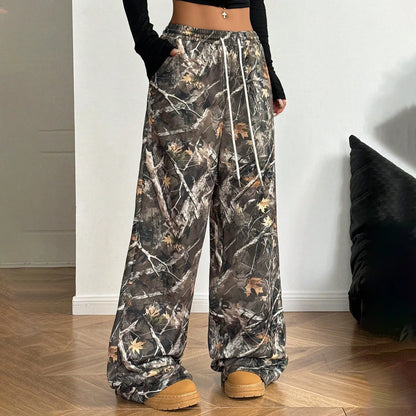 Women's Wide Leg Camo Pants Lightweight Elastic Waist Camouflage Print Loose Pants Trousers Y2K Vintage Streetwear