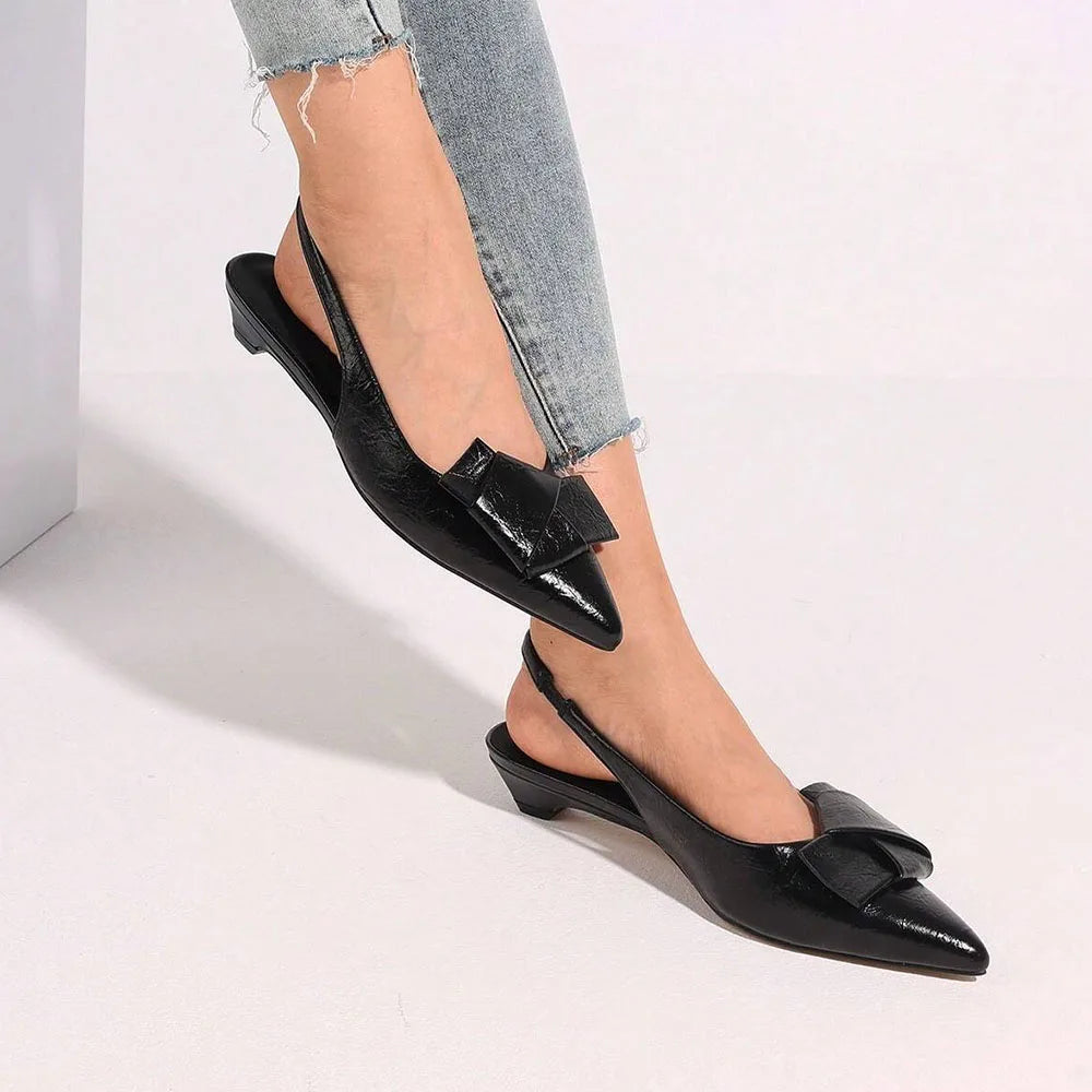 GIGIFOX Kitten Low Heels Bownkot Pointy Toe Leisure Sandals Pleated Slip-on Back Strap Flats Chic Office Ladies Shoes For Woman