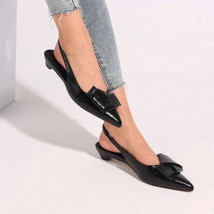 GIGIFOX Kitten Low Heels Bownkot Pointy Toe Leisure Sandals Pleated Slip-on Back Strap Flats Chic Office Ladies Shoes For Woman