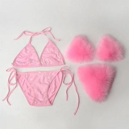 Summer Women Fake Fox Fur Sexy Halter Solid Color Bikini Set Swimsuits Triangle Sexy Bikini Set Faux Fur Swimsuit Plush Swimwear