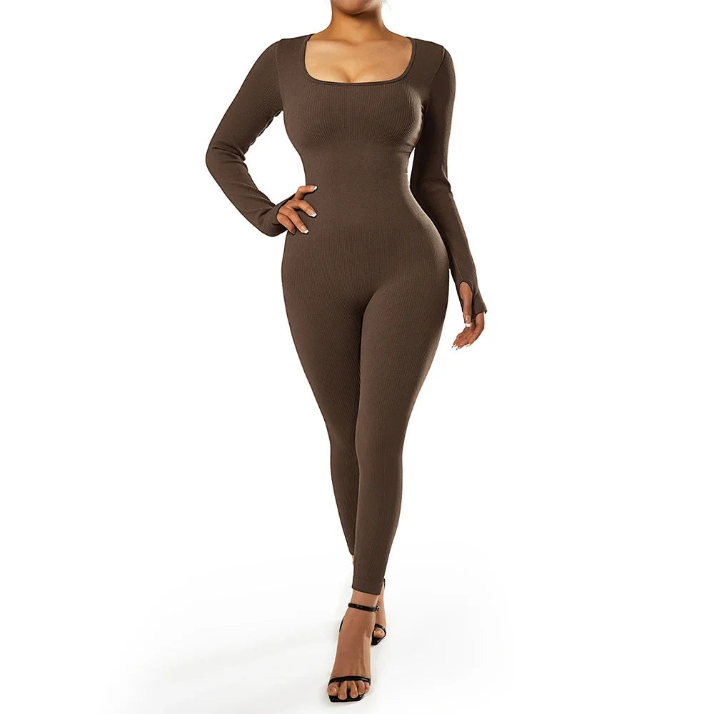 Long Sleeve Jumpsuit Women Bodycon One-piece Outfit Jumpsuit Square Neck Casual Streetwear Rompers Overalls playsuits Bodysuit