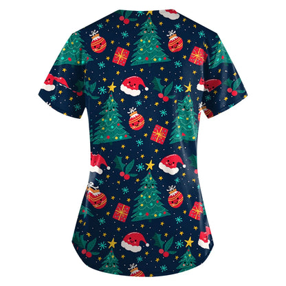 Christmas Clinical Uniform Woman Cartoon Print Uniforms Casual V-Neck Nurse Uniform Woman Tops With Pocket Scrub Tops