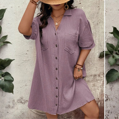 New Women'S Fashion Casual Solid Color Buttoned Mid-Length Short Sleeve Loose Dress Vestidos Para Mujer Ropa De Mujer 신상원피스
