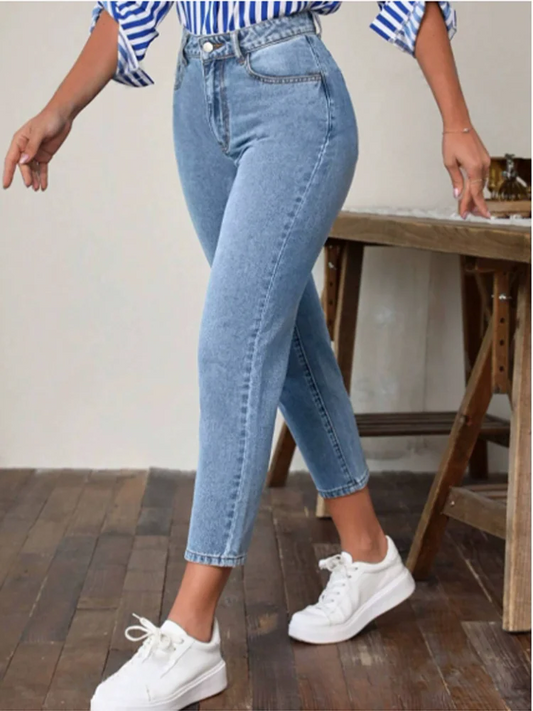 Pocket Micro Elastic Pants High Waist Solid Color Women's Straight Leg Pants Fashion High Street Daily Versatile Spring Jeans