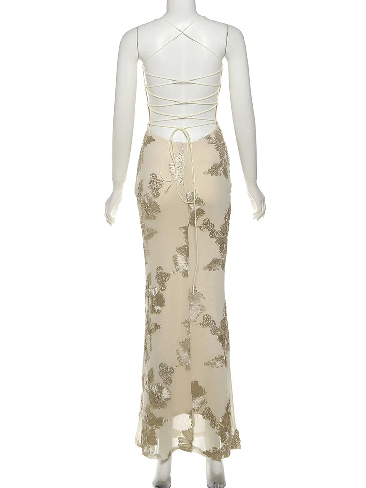 Nibber Elegant Flower Embroidery Maxi Dress Women Low-Neck Cross Bandage Backless Summer Street Trend Skinny Holiday Vestidos