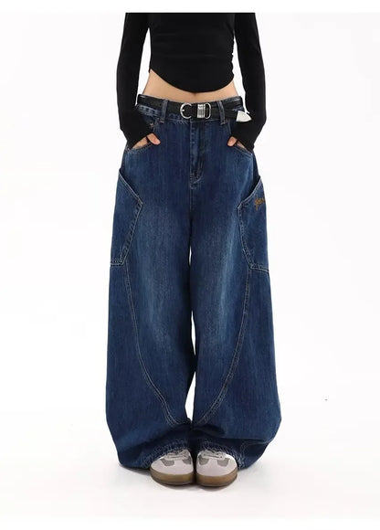 American Retro Knife Pocket Wide Leg Jeans Women's Spring Autumn Style Hot Girl High Street Design Loose Floor-Length Pants