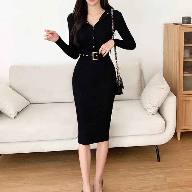 Elegant Sexy Single Breasted Stand Collar Long Sleeve Bodycon Dress Solid Color Stretch Knit Tight  Slim Autumn Winter Dresss