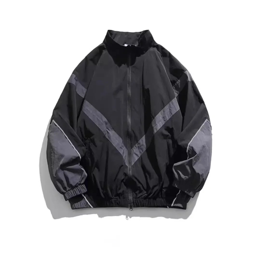 Trendy American Style Zippered Hooded Jacket Men's Loose Fit Casual Autumn Fashion Thin Jacket Reflective Patchwork Stand Collar