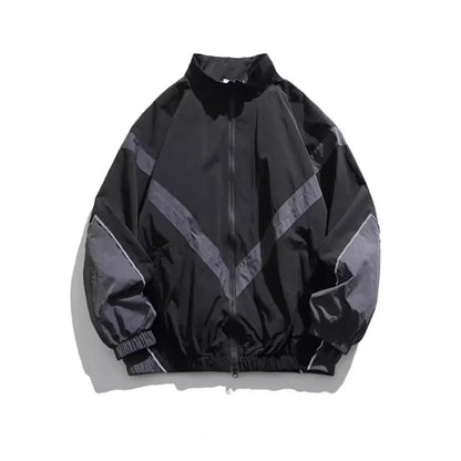 Trendy American Style Zippered Hooded Jacket Men's Loose Fit Casual Autumn Fashion Thin Jacket Reflective Patchwork Stand Collar