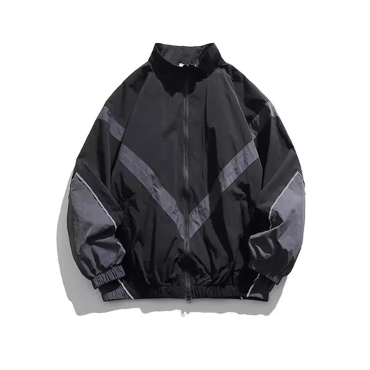 Trendy American Style Zippered Hooded Jacket Men's Loose Fit Casual Autumn Fashion Thin Jacket Reflective Patchwork Stand Collar