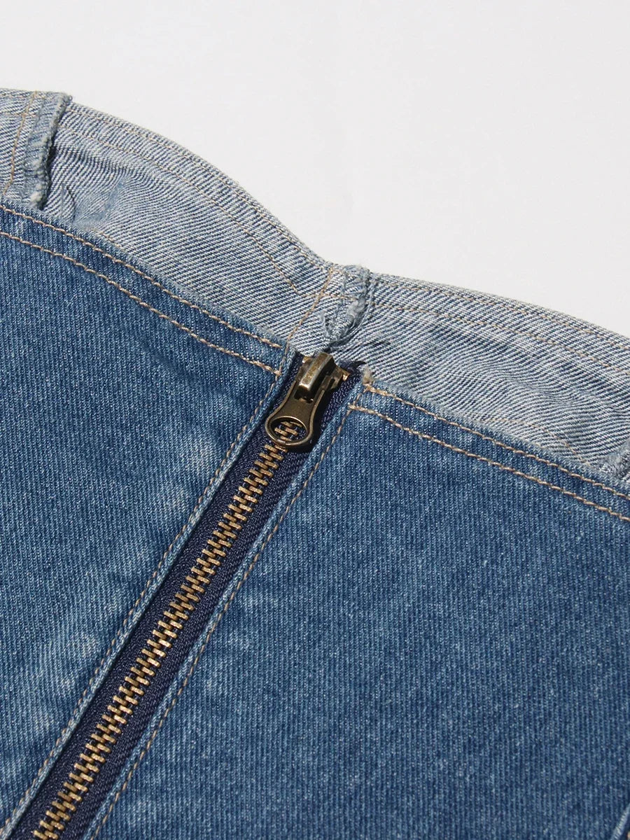 TWOTWINSTYLE Soild Two Piece Sets for Women Straplelss Sleeveless Vest High Wiast Patchwork Hollow Out Jeans Elegant Set Female