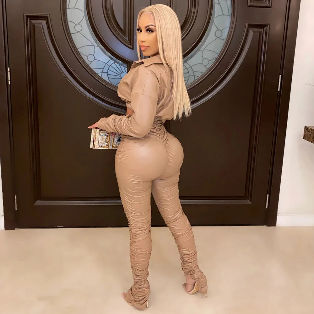 Sexy PU Faux Leather Two Piece Set for Women Birthday Night Club Outfits Crop Top and Slit Stacked Pants Matching Sets Undefined