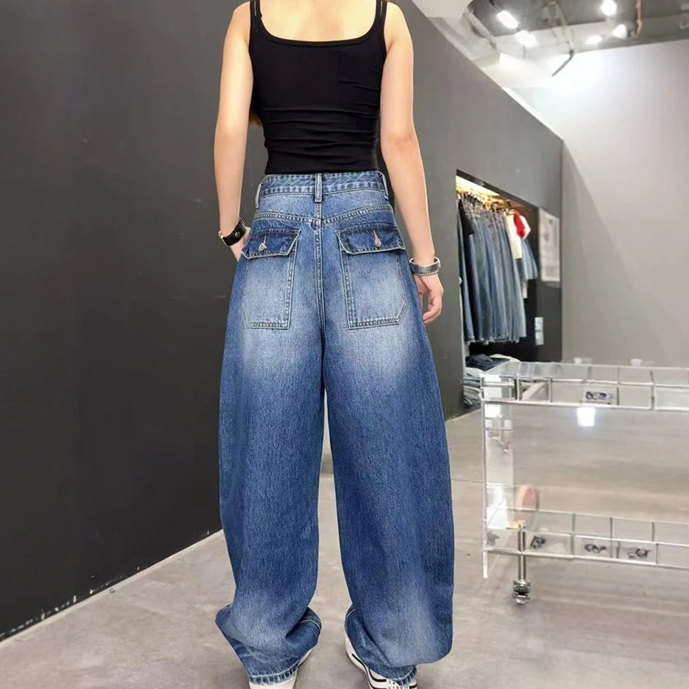 2025/2026 Grunge Y2K Streetwear Washed Blue Baggy Pleated Jeans Pants For Women Clothing Distressed Wide Leg Loose Old Lady Trousers
