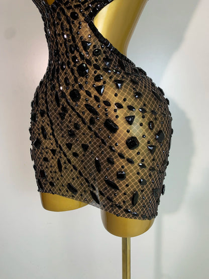 Sexy Sparkly Diamond Backless Short Dress 2025 Women Sleeveless Mesh See Through Evening Birthday Gown Singer Stage Outfit