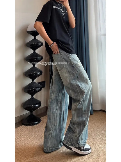 American Lightning Texture Ripped Denim Jeans Straight Leg Wide Leg Loose Fit Casual Summer Jeans for Men And Women