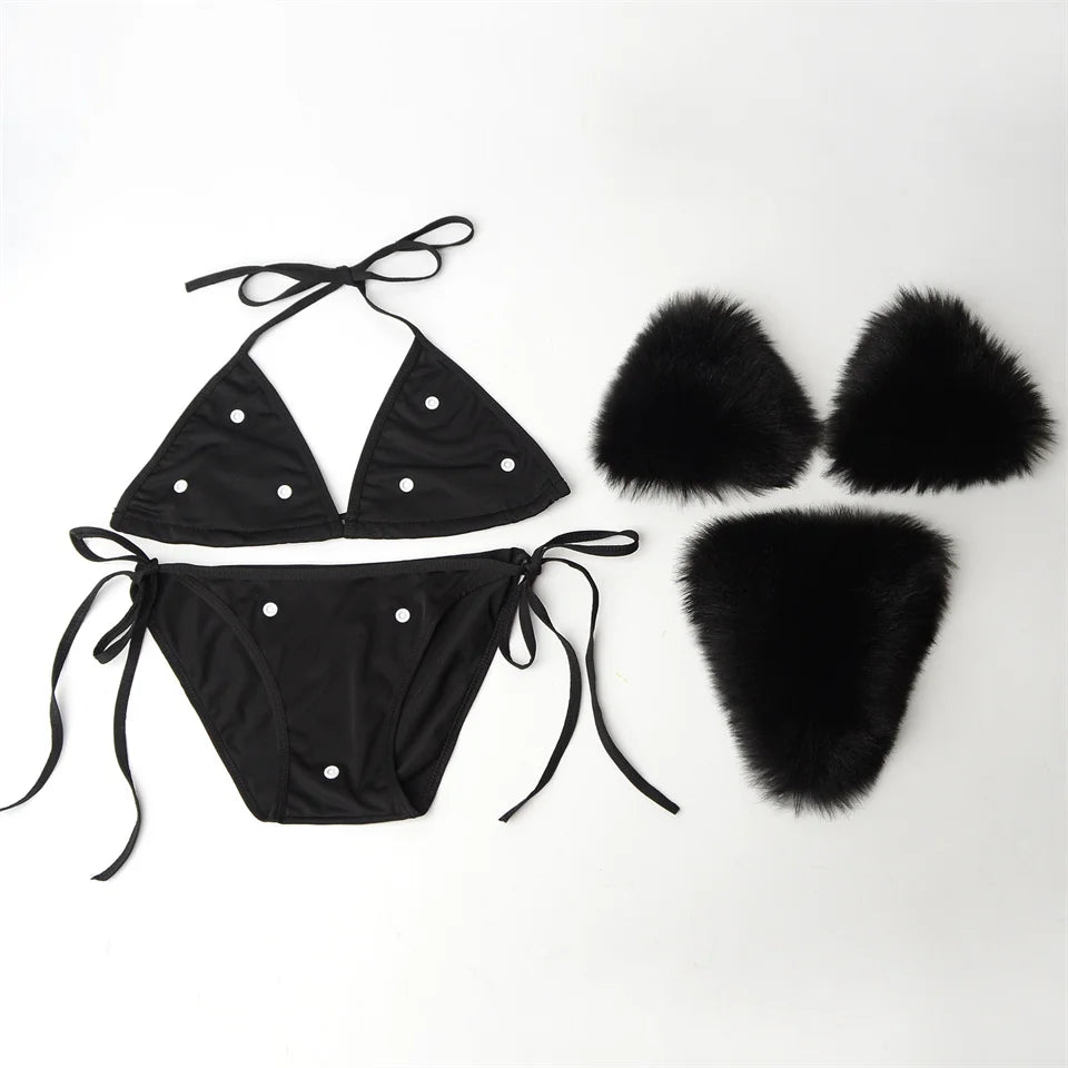Summer Women Fake Fox Fur Sexy Halter Solid Color Bikini Set Swimsuits Triangle Sexy Bikini Set Faux Fur Swimsuit Plush Swimwear