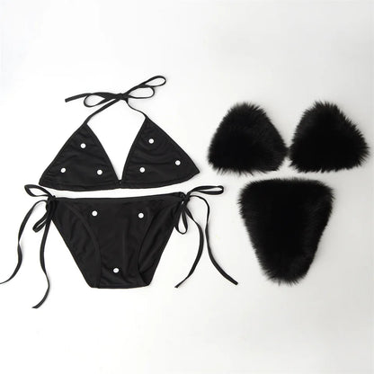 Summer Women Fake Fox Fur Sexy Halter Solid Color Bikini Set Swimsuits Triangle Sexy Bikini Set Faux Fur Swimsuit Plush Swimwear