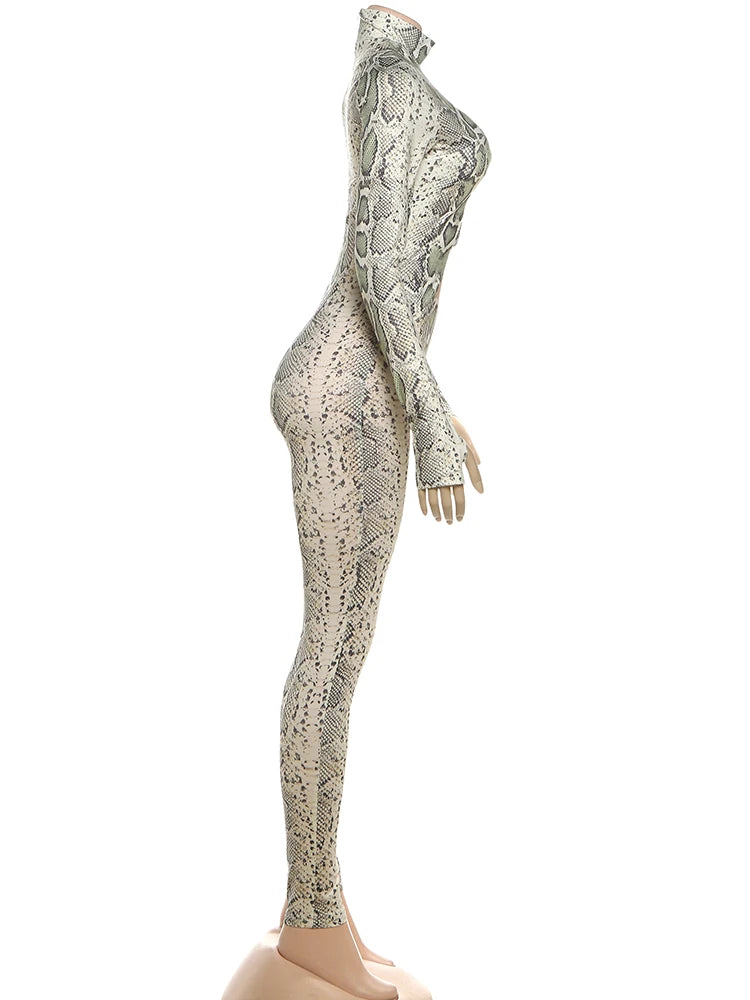 Sisterlinda Hollow Jumpsuit Woman Sexy Snake Print Cirque Full Sleeve Skinny Fitness Midnight Clubwear Party Coquette Overalls