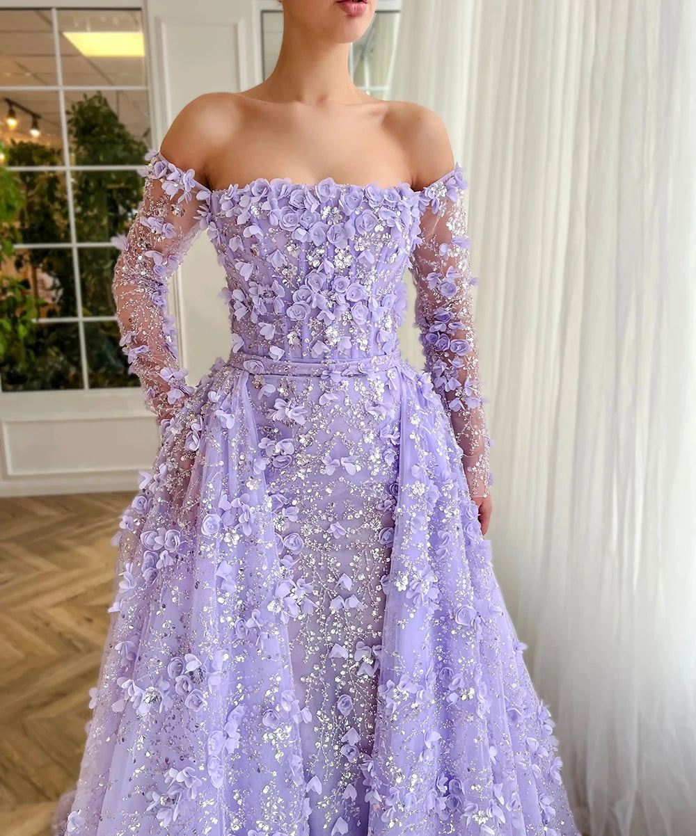 Elegant 3D Flower Evening Dress with Detachable Skirt 2025 & 2026 Luxury Mermaid Long Sleeves Formal Prom Wedding Party Gown Customized