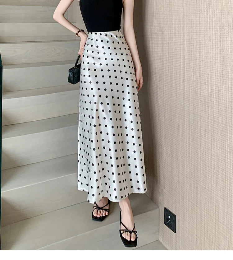 Seoulish High Waist Elegant Dots Printed Satin Women's Long Fishtail Skirts New Loose Office Mermaid A-line Skirts Female