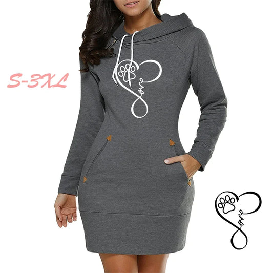 Womens Dress Neck Side Zipper Long Sleeve Hooded Sports Skirt Casual Printing Knee-Length Dress European Style Streetwear S-3XL