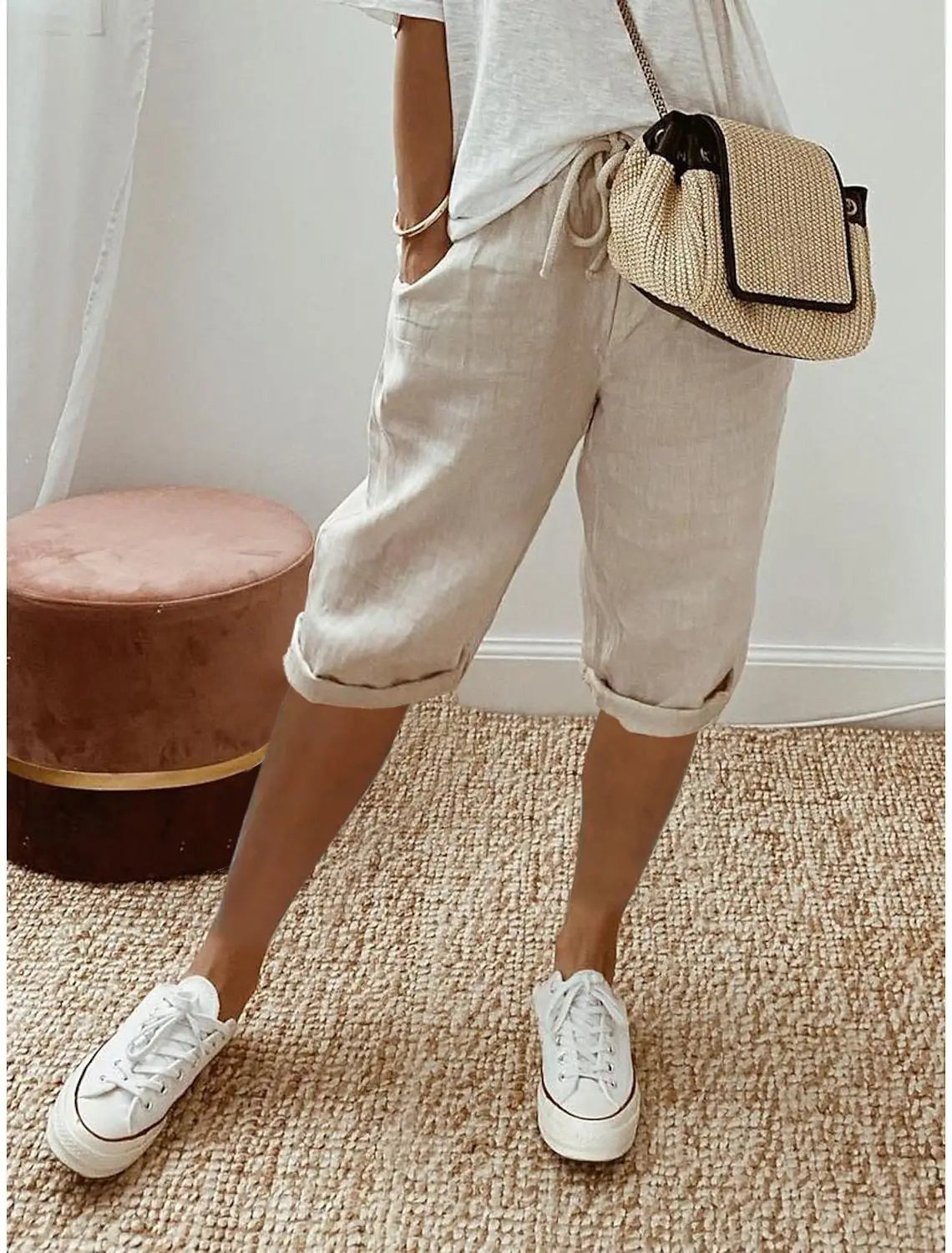 Women Cotton Linen Harem Knee Length Pants Summer High Elastic Drawstring Pocket Solid Color Shorts LRFZ-911